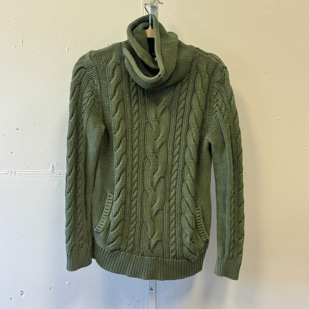 L.L. Bean Women's Light Green Cable Knit Cowl Neck Cotton Sweater 513958 Small